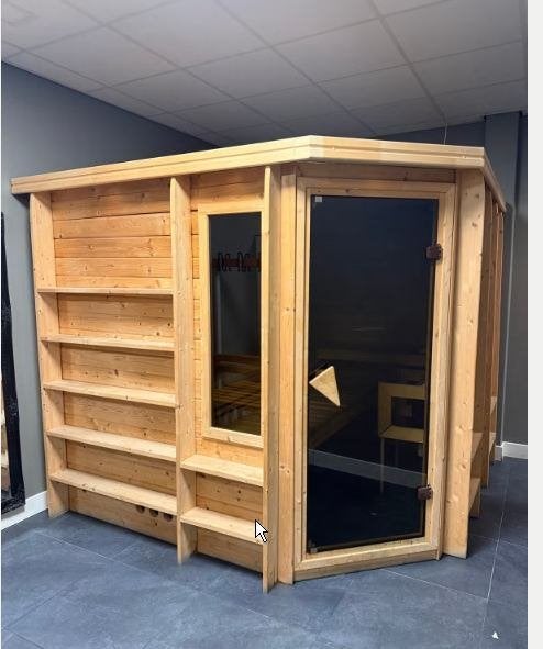 massief houten sauna exstra langen banken, Sport en Fitness, Ophalen, Gebruikt, Fins of Traditioneel, Complete sauna