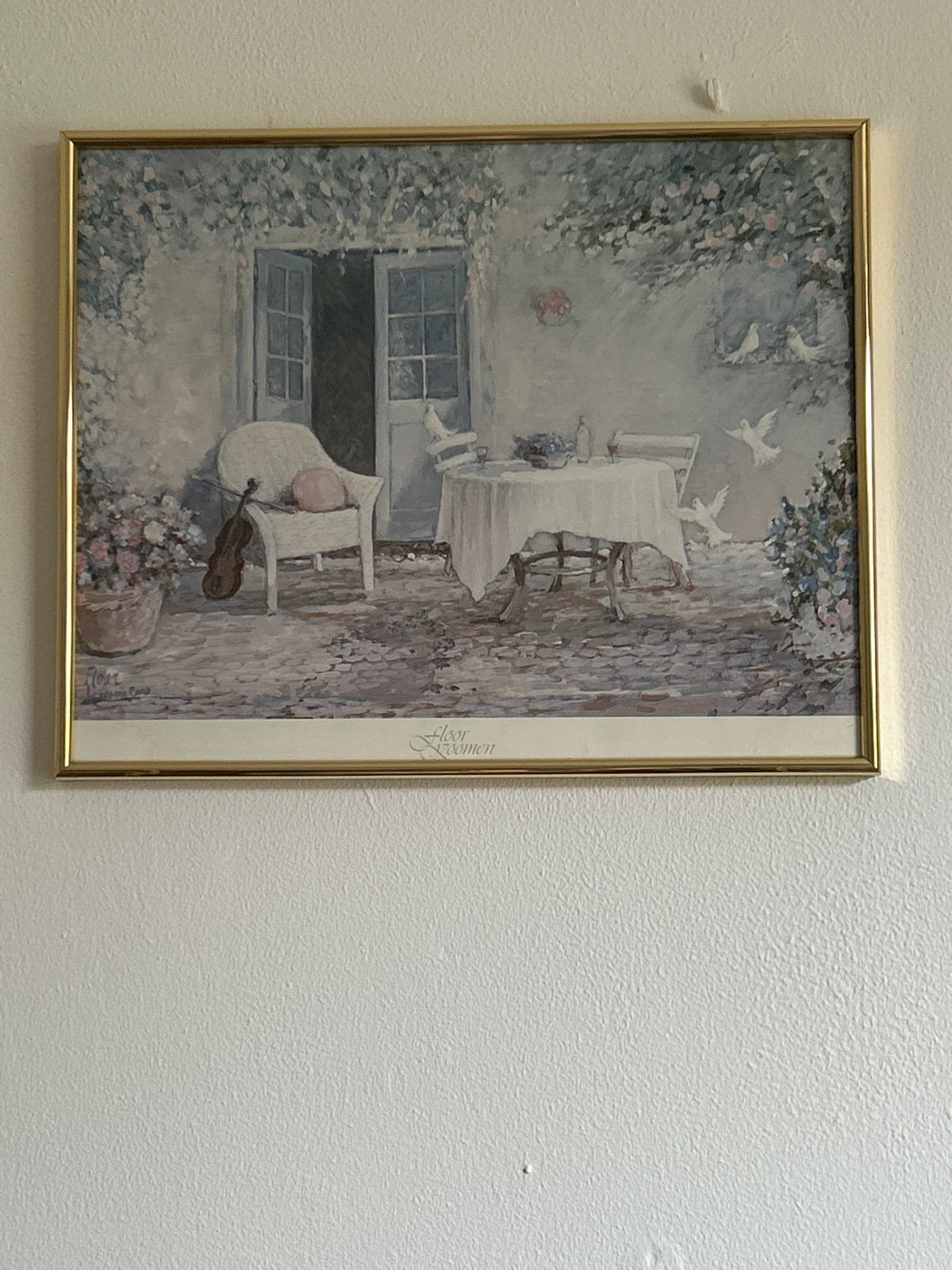 Sfeervol schilderij: Terras met bloemen en duiven, Ophalen, Realistisch, Print, Overige onderwerpen