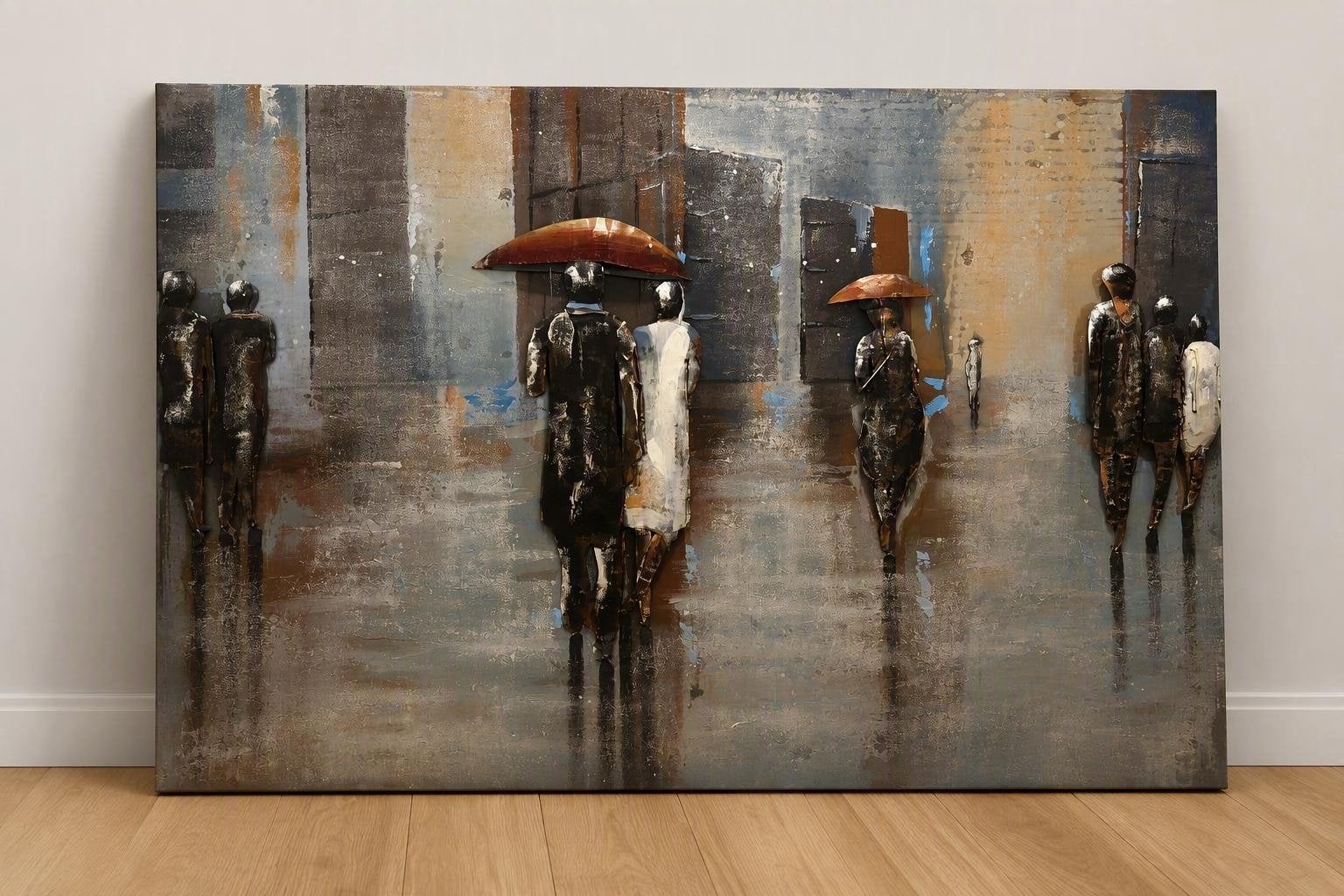 Metalen schilderij met 3D figuren en paraplu's, Ophalen, Abstract, Metaal, Handgeschilderd