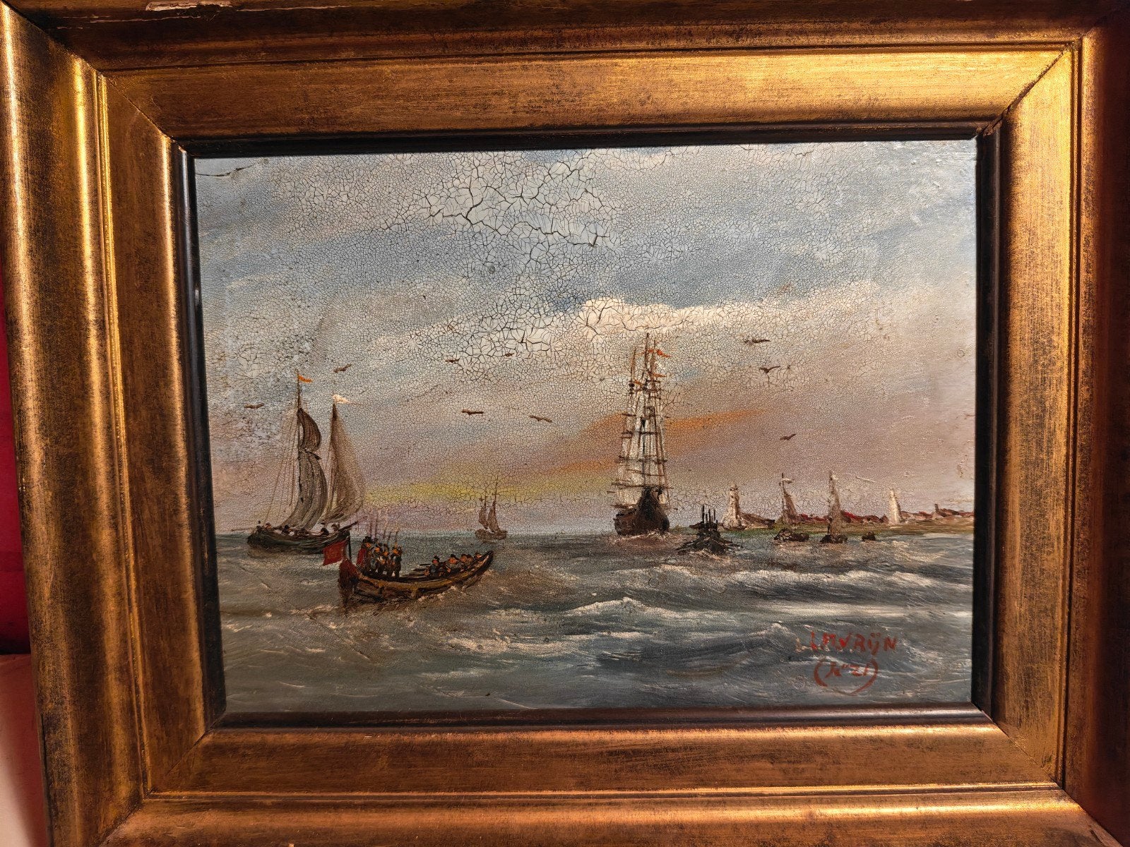 Maritiem schilderij van L.M.V Rijn (1921) in lijst, Gedateerd, Ophalen of Verzenden, Olieverf, Klassiek