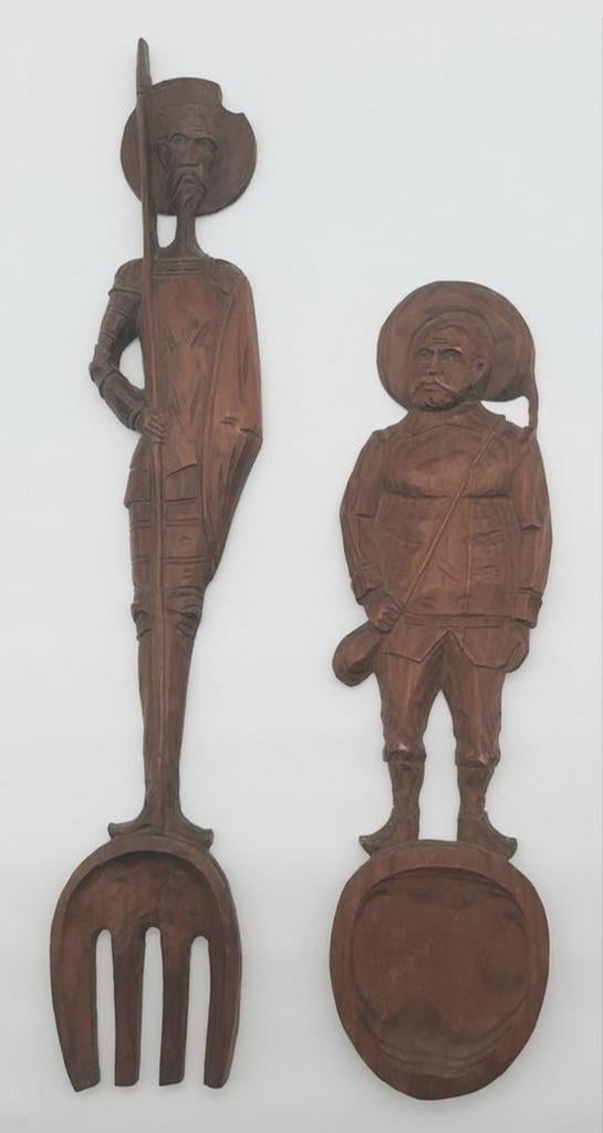 Vintage grote houten vork Don Quichot en lepel Sancho Panza, Antiek en Kunst, Kunst | Beelden en Houtsnijwerken, Houtsnijwerk