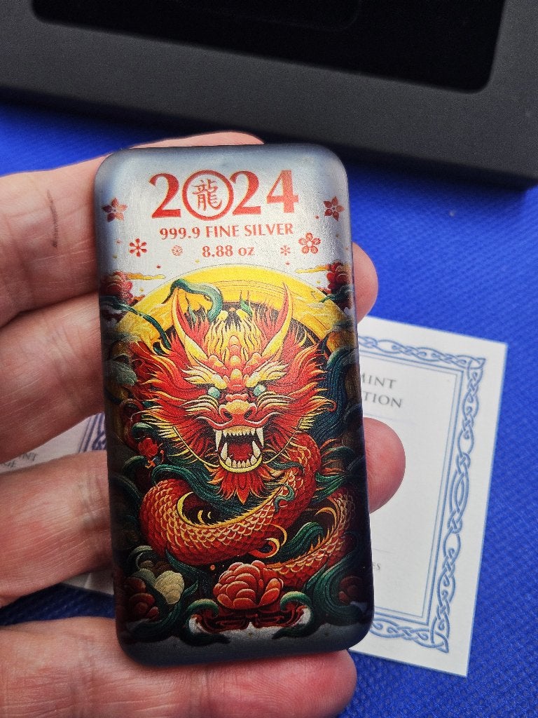 (11164) GERMANIA BAAR  YEAR OF THE DRAGON 2024  8,88 OUNCE, Ophalen of Verzenden, Zilver