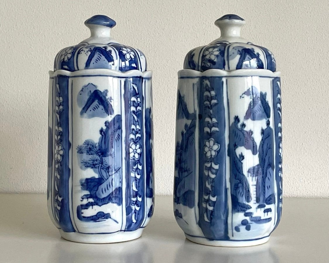 2 blauw-witte Chinese Porselein Voorraad-Potten Deksel, Ophalen