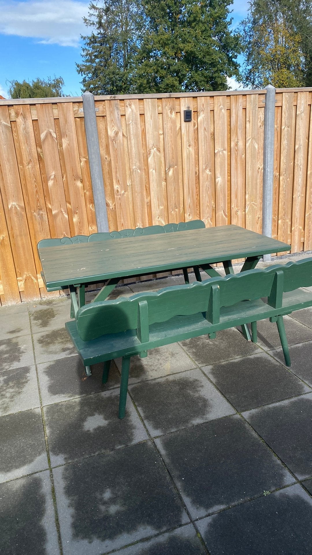 Tafel met 2 bankjes, tuin set, Ophalen, Zo goed als nieuw, Rechthoekig, Hout