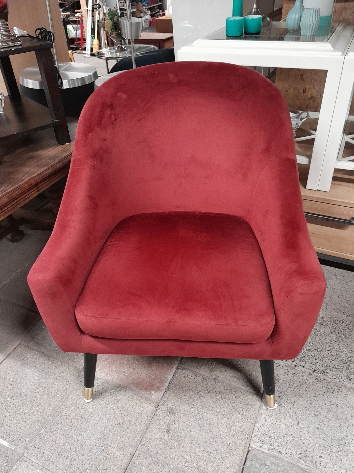 Rode fluwelen fauteuil met beschadiging achterzijde, Ophalen, Gebruikt, Modern, Elegant, Rood