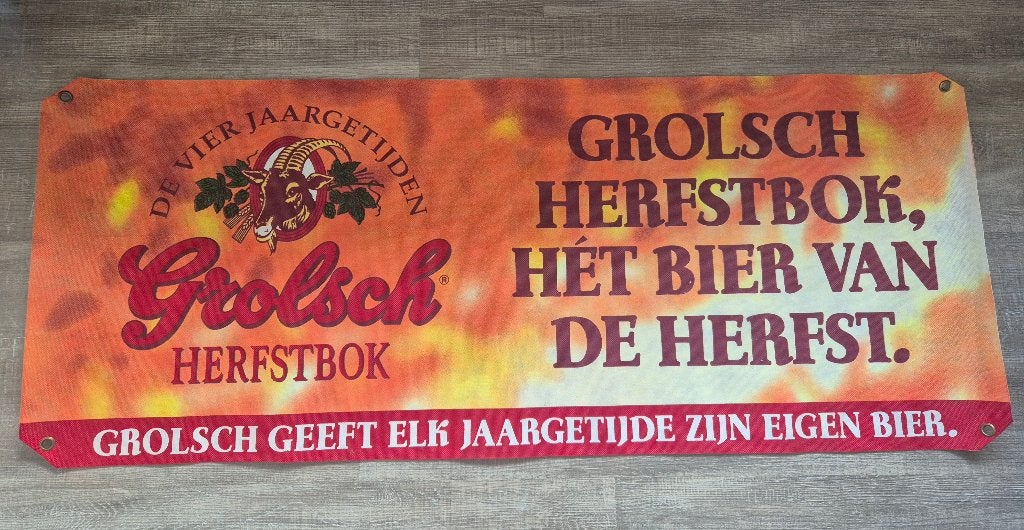 Te koop: Grolsch Herfstbok spandoek, mancave, keet, bar, Ophalen of Verzenden, Zo goed als nieuw, Overige typen, Grolsch