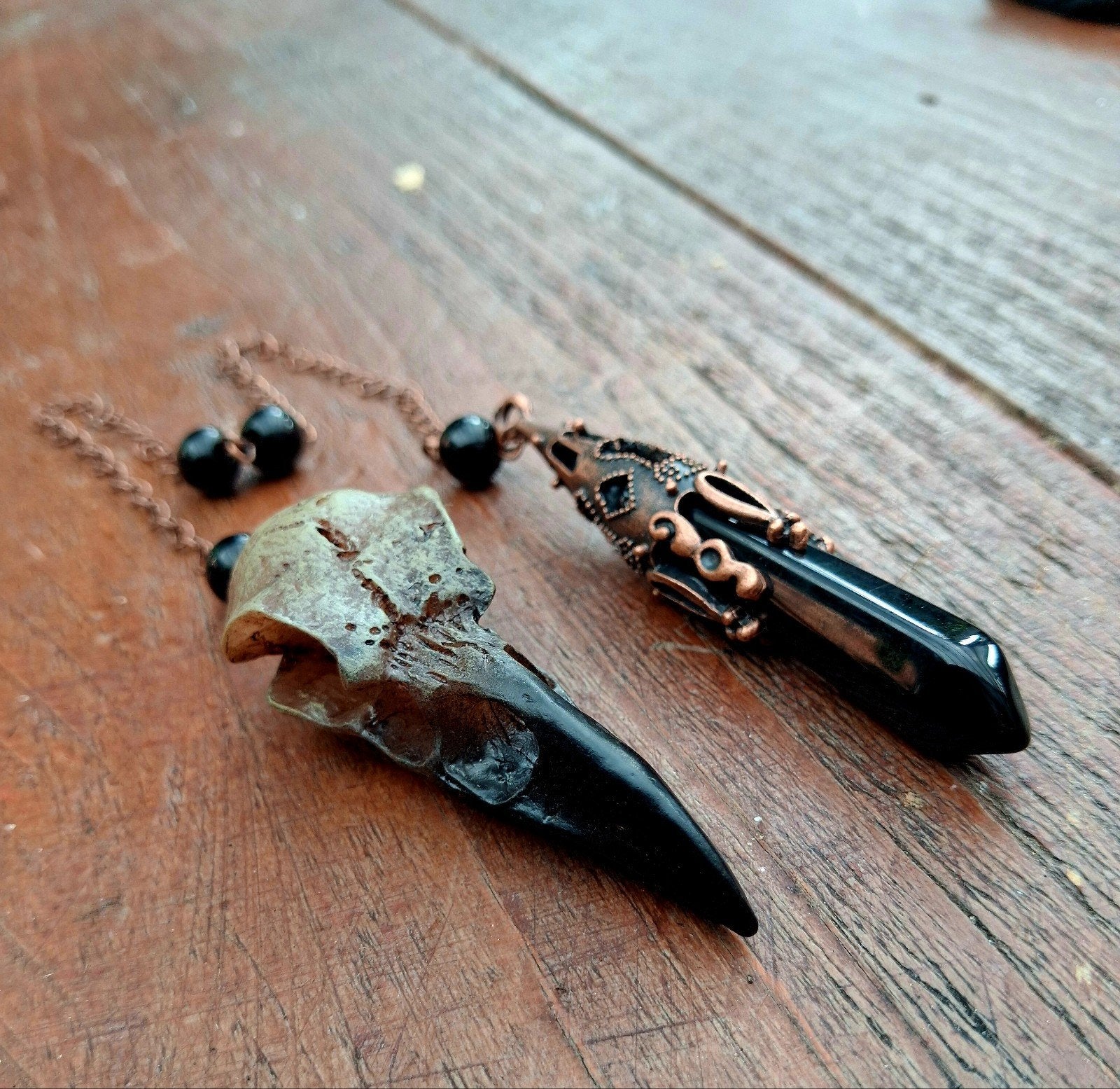 Unieke kettingen: Raven schedel & Zwarte obsidiaan hanger, Overige materialen, Zwart, Ophalen of Verzenden, Zo goed als nieuw
