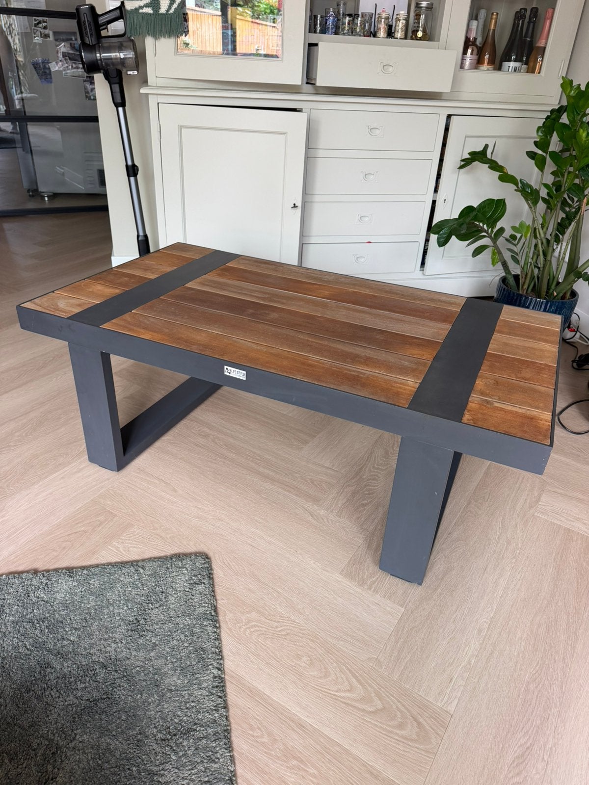 Stoere houten bank / salontafel – industrieel – zwart/hout, Huis en Inrichting, 100 tot 150 cm, Zo goed als nieuw, Rechthoekig