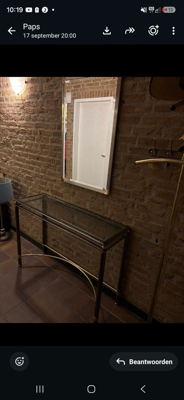 Gouden console tafel met spiegel, Ophalen of Verzenden, Gebruikt, Rechthoekig, 100 tot 125 cm