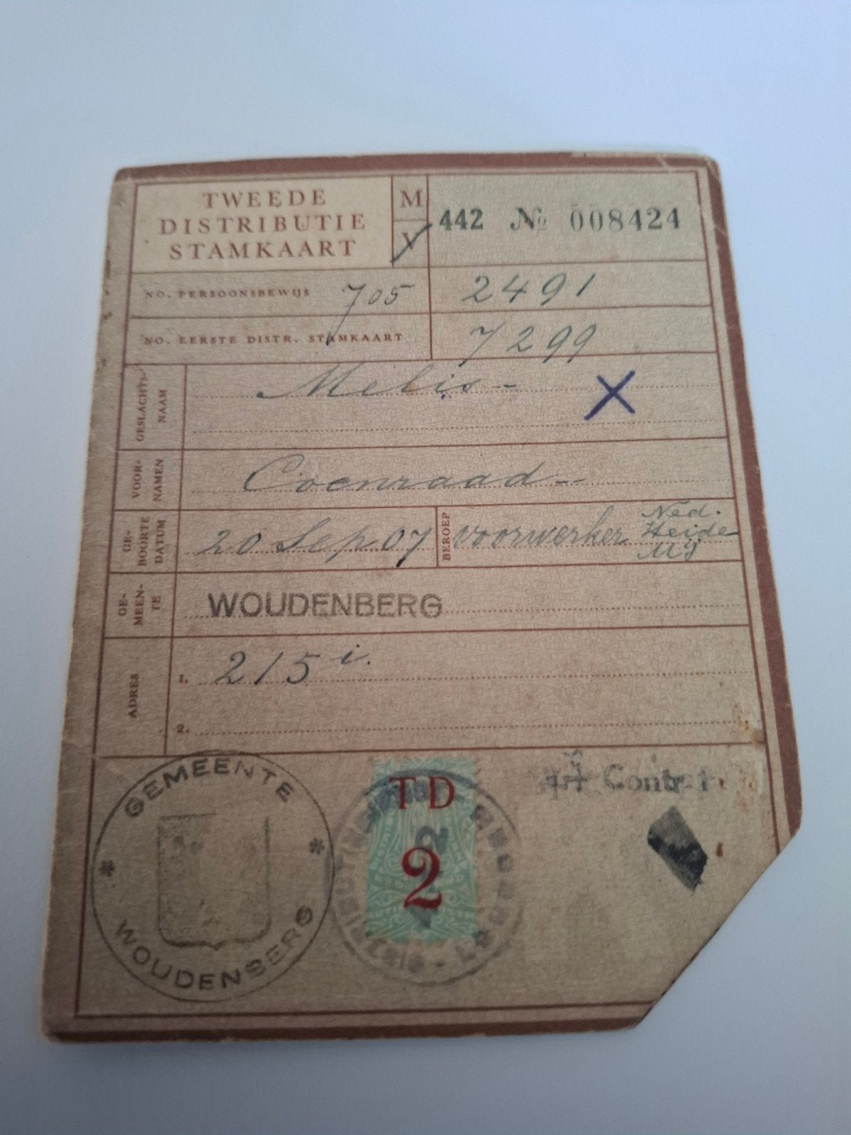 distributie stamkaart Woudenberg bonkaart document wo2, Verzamelen, Ophalen of Verzenden, Duitsland