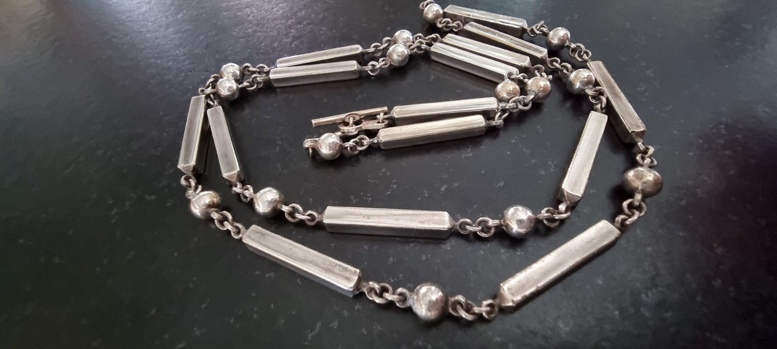 Zilveren vintage lange ketting staafjes bolletjes niekerk, Verzenden, Zo goed als nieuw, Zilver, Zilver