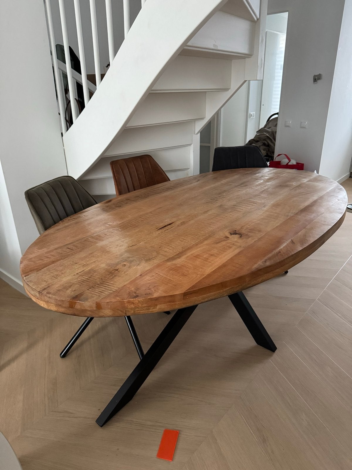 Mangohouten eettafel ovaal met 6 stoelen, Ophalen, Gebruikt, 200 cm of meer, 50 tot 100 cm