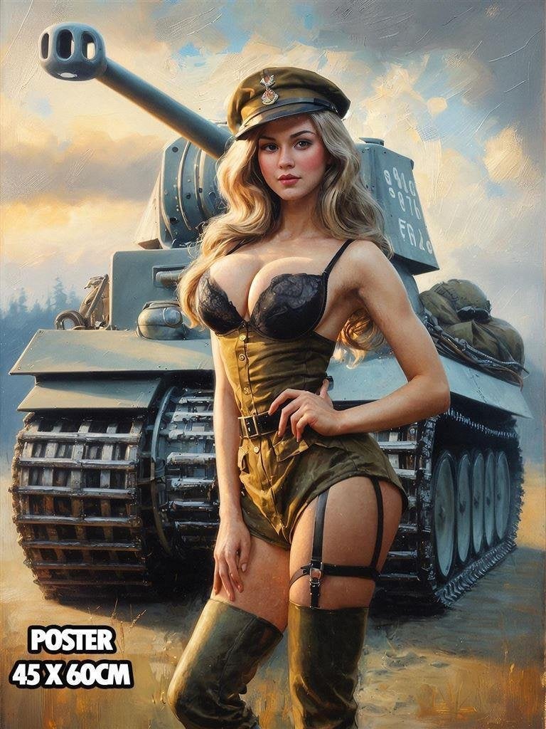[Poster] Leger Pin up Soldaat met Tank Mancave Poster, Verzenden, Nederland, Foto of Poster
