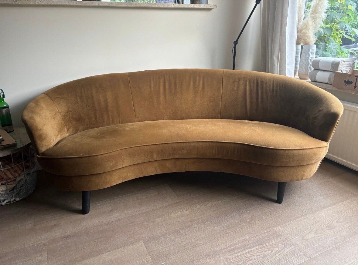 Sissyboy 3-zits bank in okergeel velvet., Ophalen, Gebruikt, Driepersoons, 75 tot 100 cm