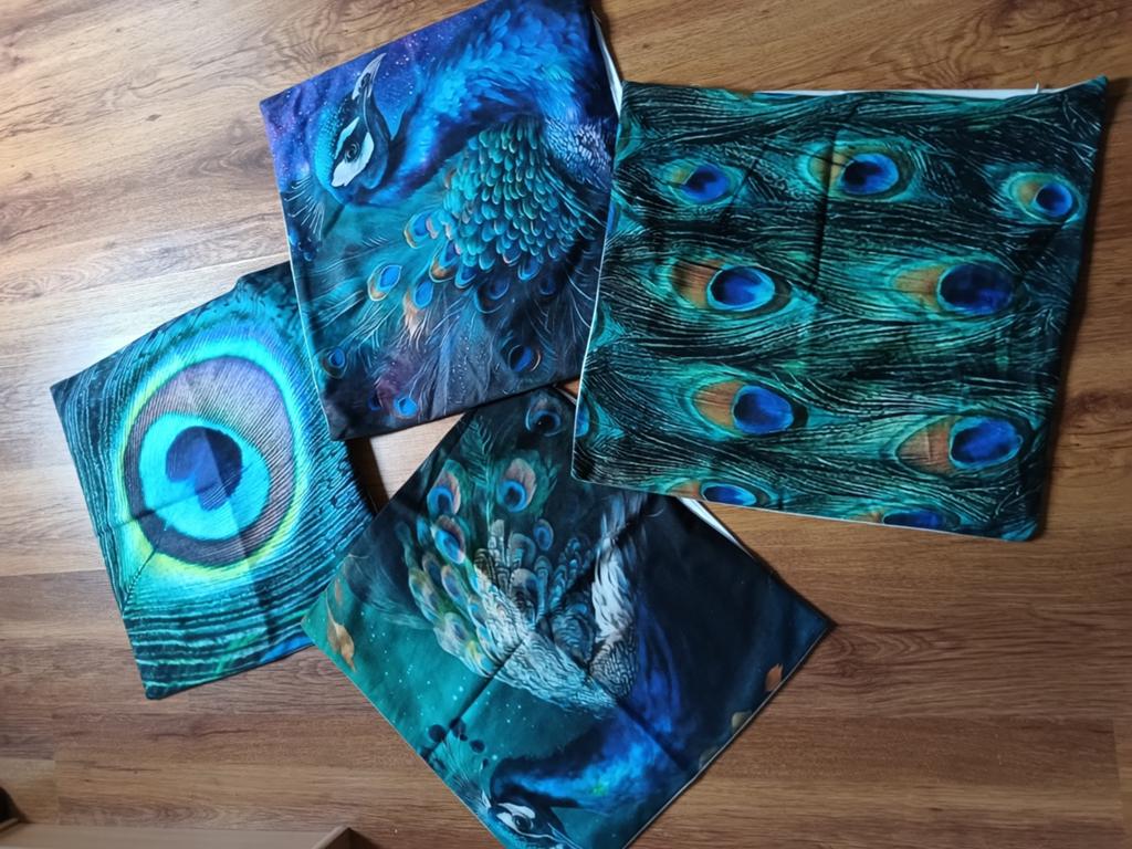 4 Kussenhoesjes met rits, Pauwenveren design, 45x45 cm, Huis en Inrichting, Ophalen of Verzenden, Nieuw, Overige kleuren, Vierkant