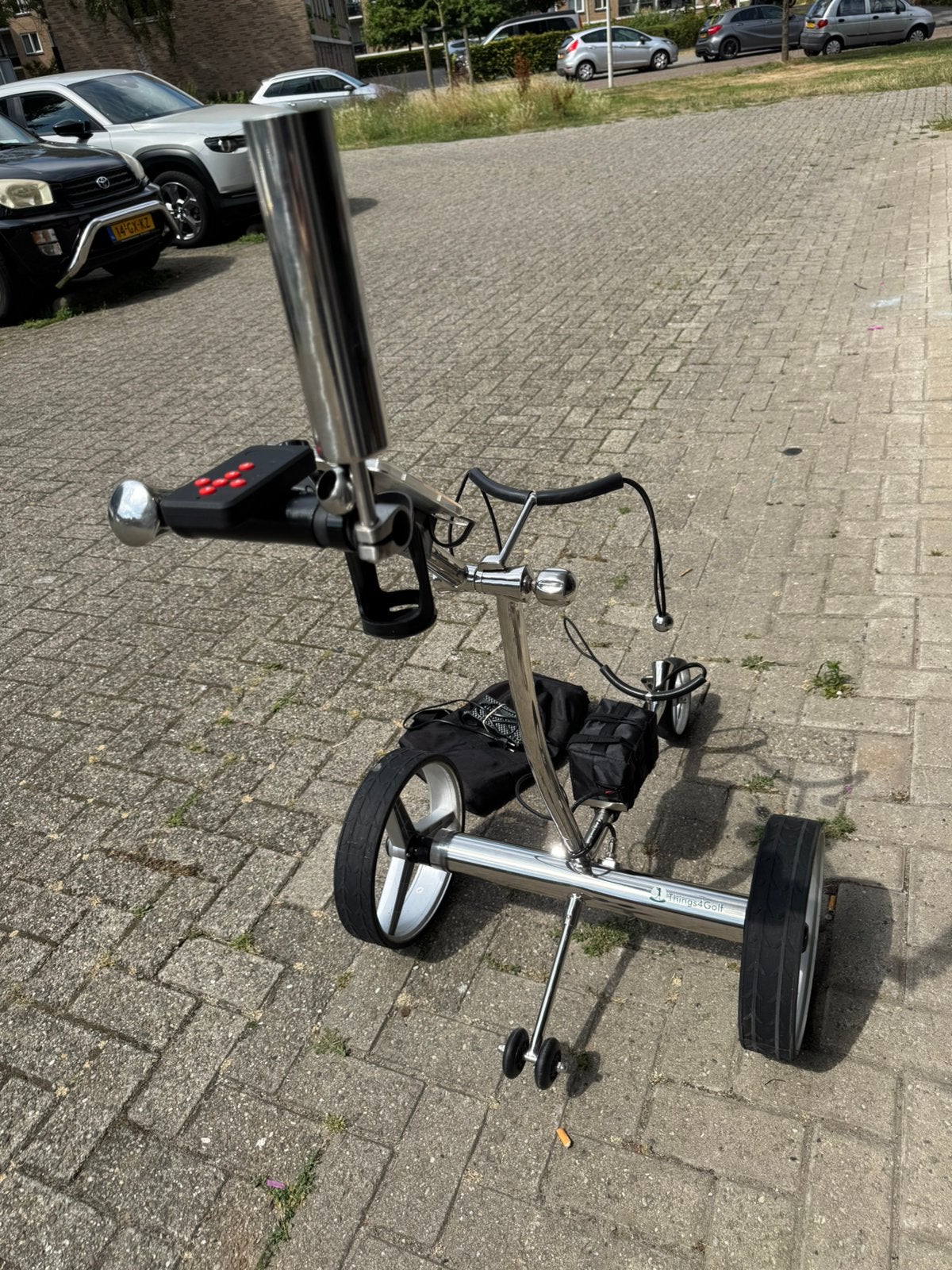 Electrische RVS Golftrolley met AB, lithiumaccu, tas i.z.g.s, Ophalen of Verzenden, Zo goed als nieuw, Golfkar, Overige merken