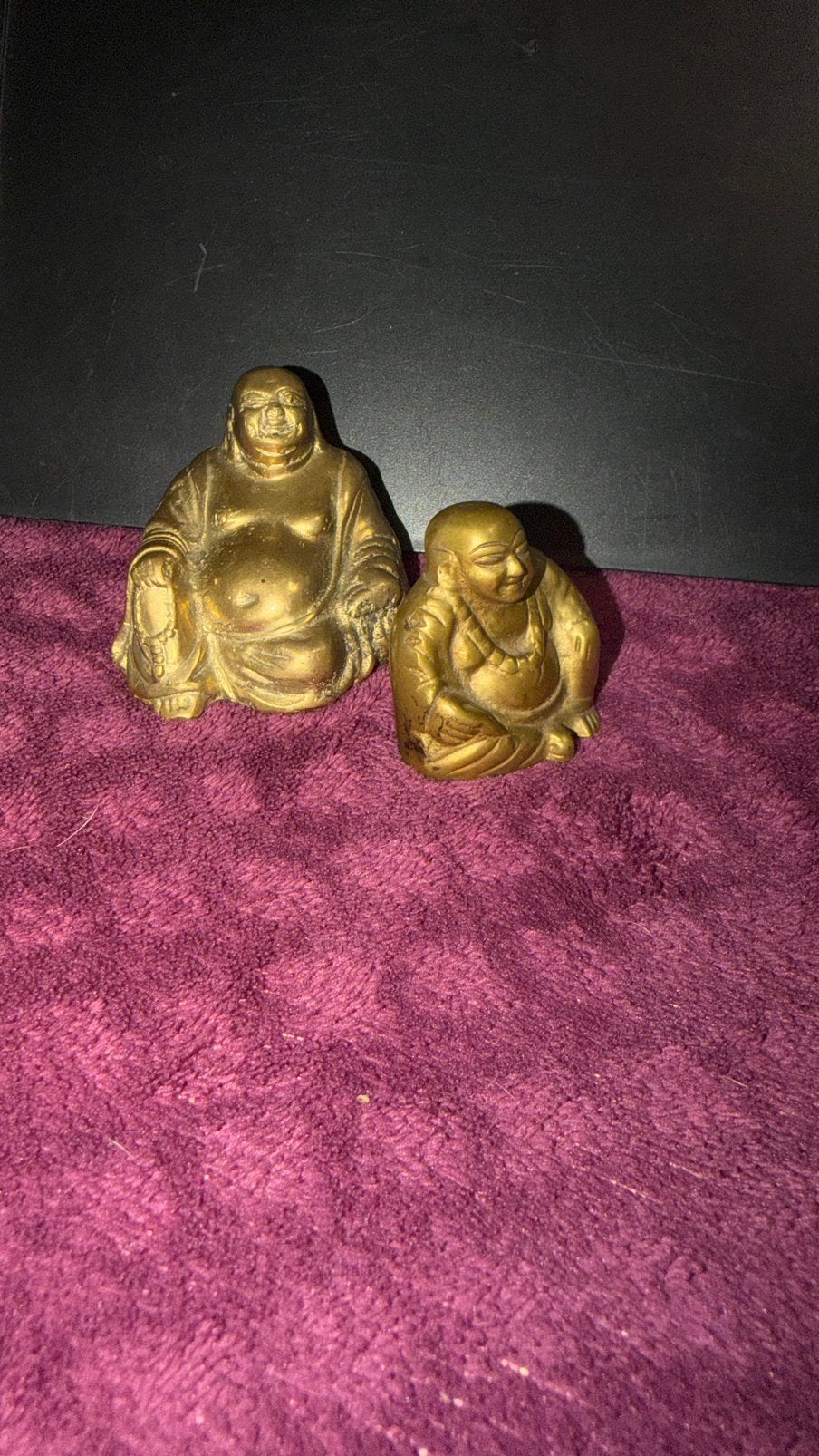 Set van 2 vintage messing  Lachende Boeddha beeldjes, Huis en Inrichting, Gouden accenten, Ophalen of Verzenden, Zo goed als nieuw