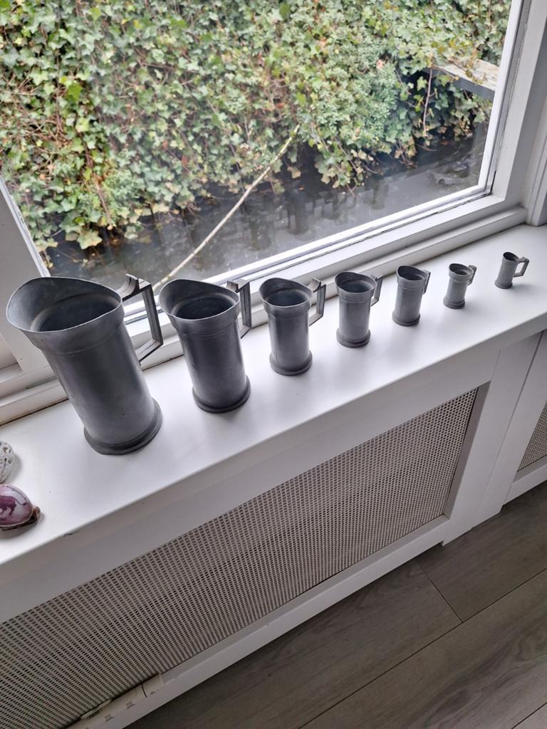 Set van 7 antieke tinnen kannen - Diverse maten, Antiek en Kunst, Antiek | Tin, Ophalen