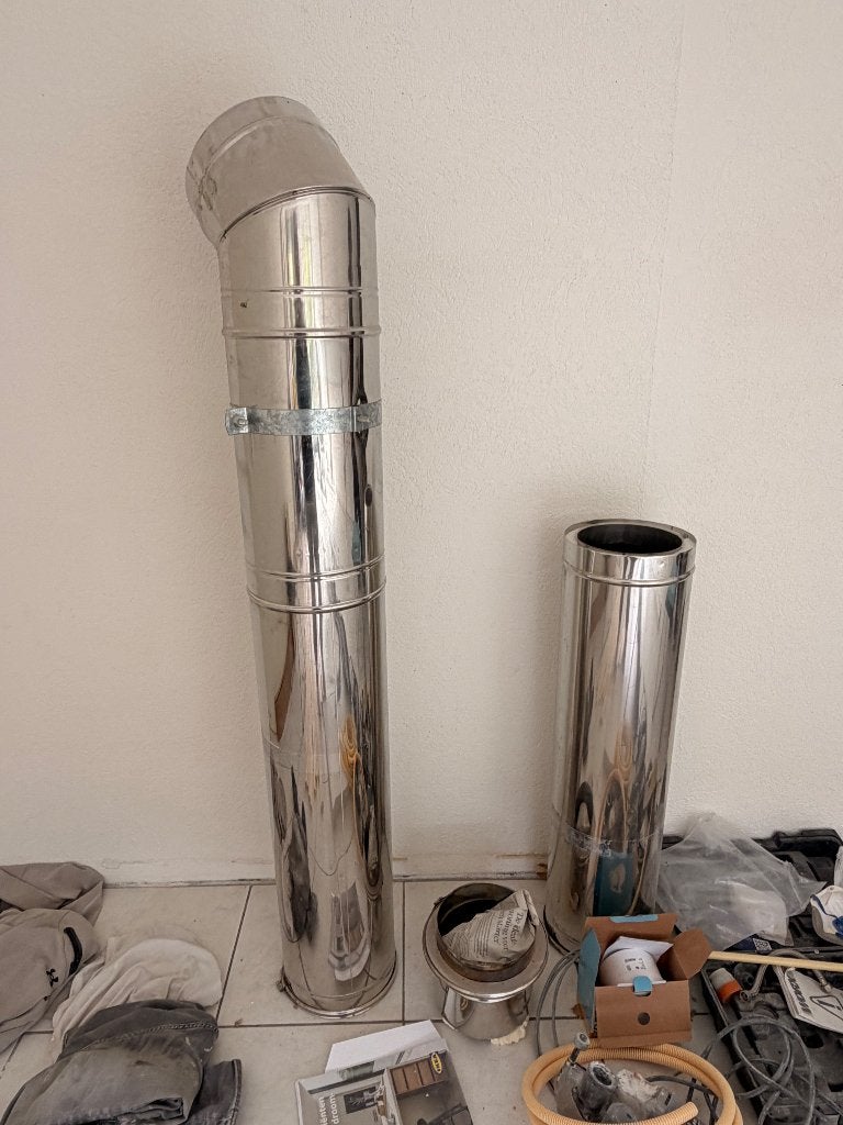 Dubbelwandige kachelpijp t.e.a.b., Ophalen, Zo goed als nieuw, Rvs, 80 mm of meer