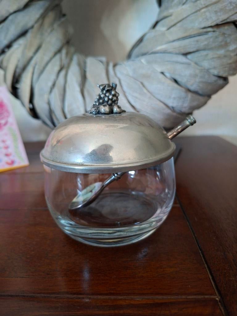 Vintage glazen jampot pot zilverkleurige deksel en lepel, Gebruikt, Ophalen of Verzenden, Overige stijlen, Glas