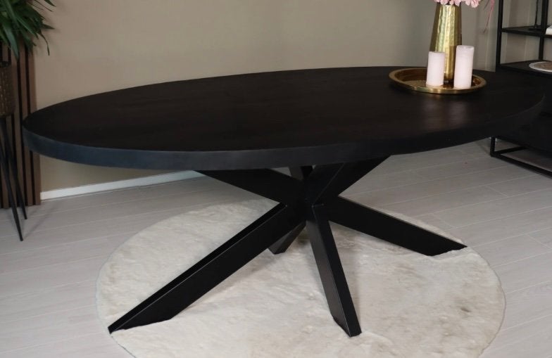 Ovale, zwarte eettafel met kruispoot 210x100 cm, 200 cm of meer, 50 tot 100 cm, Zo goed als nieuw, Vijf personen of meer