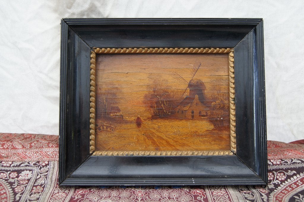 Antiek Hollands landschap schilderij met molen, Ophalen of Verzenden
