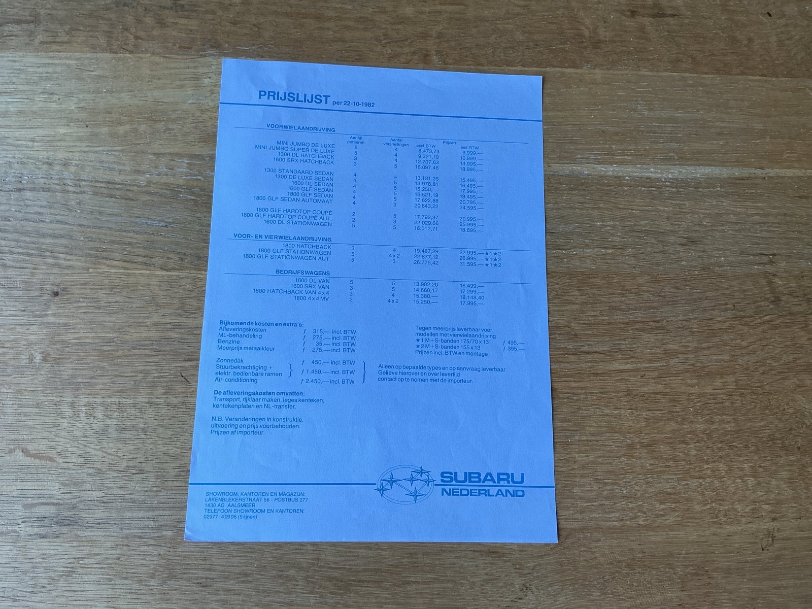 Subaru Prijslijst 22-10-1982, Ophalen of Verzenden, Overige merken
