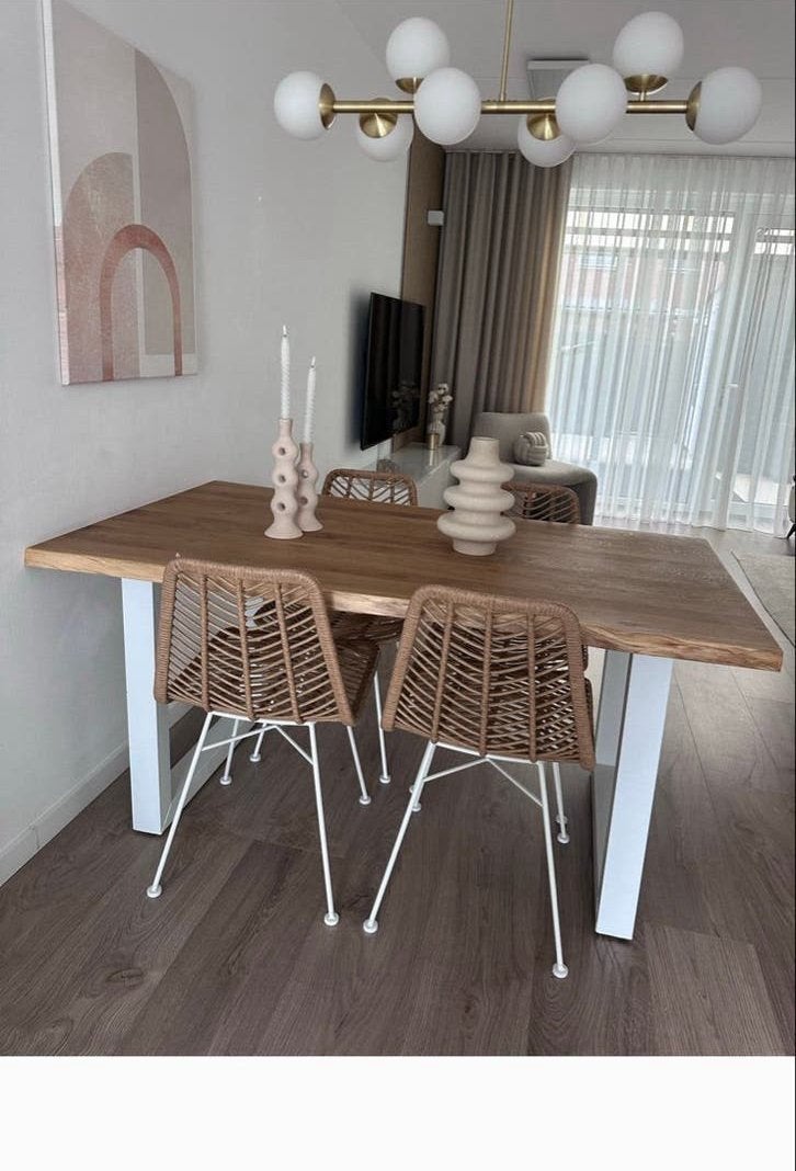 Mango houten eettafel met wit metalen onderstel, Ophalen, Eikenhout, 50 tot 100 cm, Zo goed als nieuw