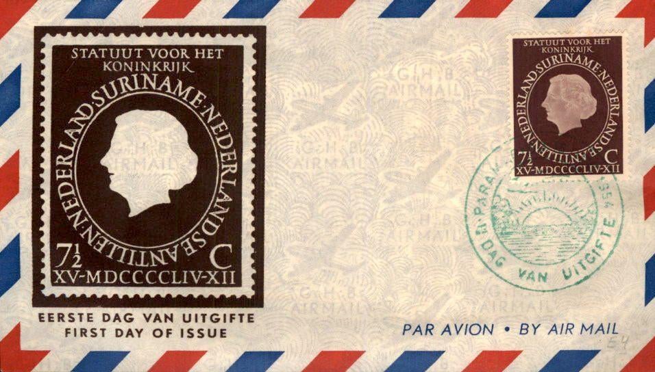 Suriname - FDC - Statuut - 1954, Postzegels en Munten, Brieven en Enveloppen | Nederland, Verzenden, Envelop