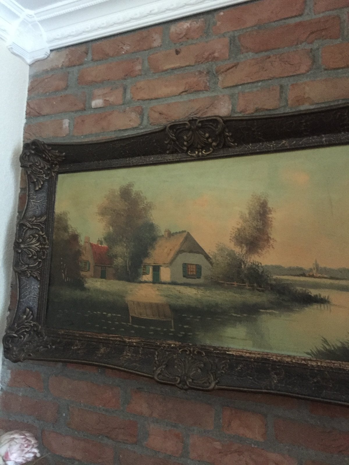 Antiek Schilderij: Landelijk Tafereel met Boerderij, Ophalen, Doek, Landschap, Olieverf