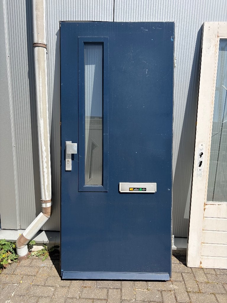 30 | Hardhouten buitendeur blauw smal glas|95,5x214, Ophalen, Gebruikt, 80 tot 100 cm, Buitendeur