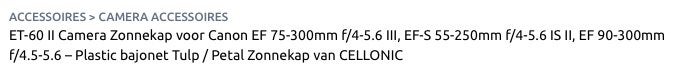 ET-60 II Zonnekap voor Canon EF 75-300mm f/4-5.6 III, Overige merken, 60 tot 70 mm, Overige typen, Nieuw