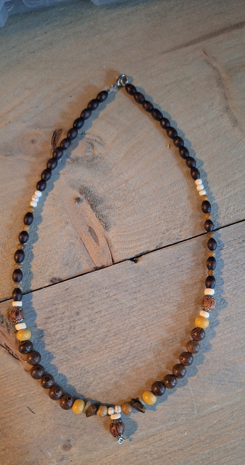 Handgemaakte RVS ketting met houten en stenen kralen, Ophalen, Nieuw, Bruin, Overige materialen