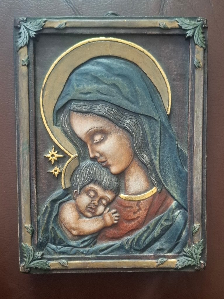 Handgemaakt reliëf icoon Maria met Kind – FEB Icons, Antiek en Kunst, Ophalen of Verzenden