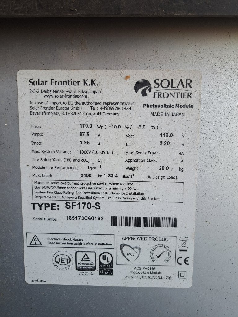 33 Solar Frontier SF-170S Zonnepanelen, Doe-het-zelf en Verbouw, Ophalen, Gebruikt, Paneel, 100 tot 200 wattpiek