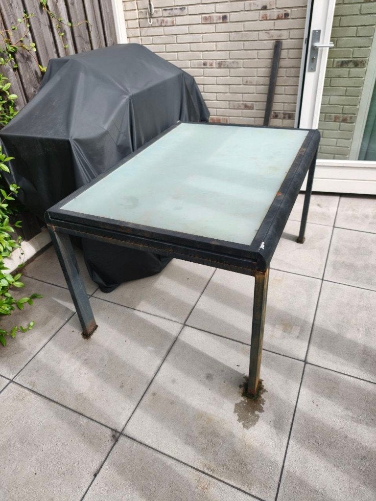 Uitschuifbare tuintafel met glazen blad, Ophalen, Gebruikt, Rechthoekig, Metaal