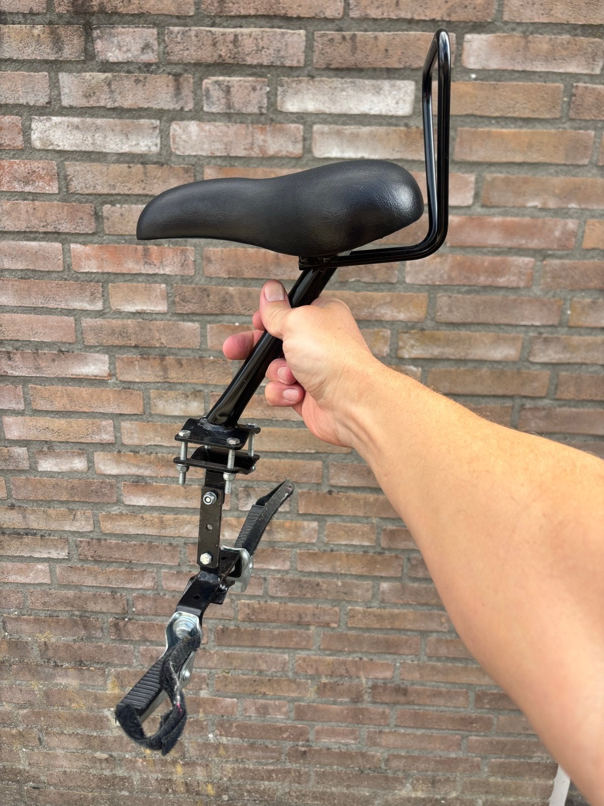 Zadel op stang voor damesfiets met voetsteuntjes, Ophalen of Verzenden, Gebruikt, Voorzitje, Voetsteuntjes