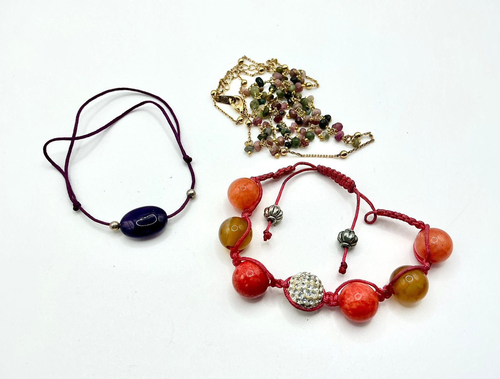 Vintage armband ketting Shamballa agaat kwarts Amethist 3st, Verzenden, Zilver, Armband, Verguld