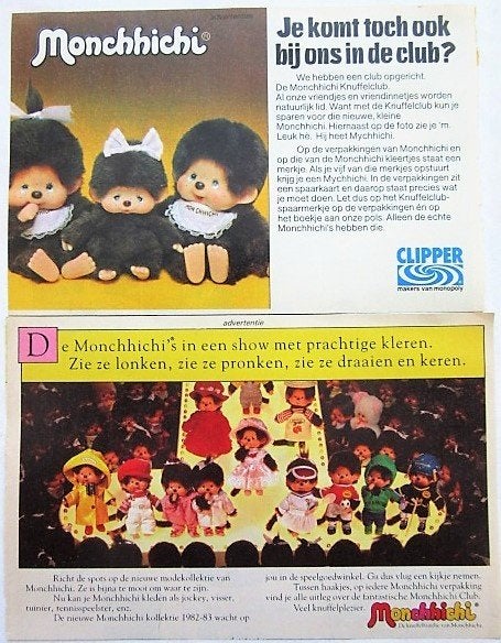 11 vintage reclames Clipper Monchhichi 79-80 Mon Chichi Kiki, Ophalen of Verzenden, Gebruikt, Overige typen