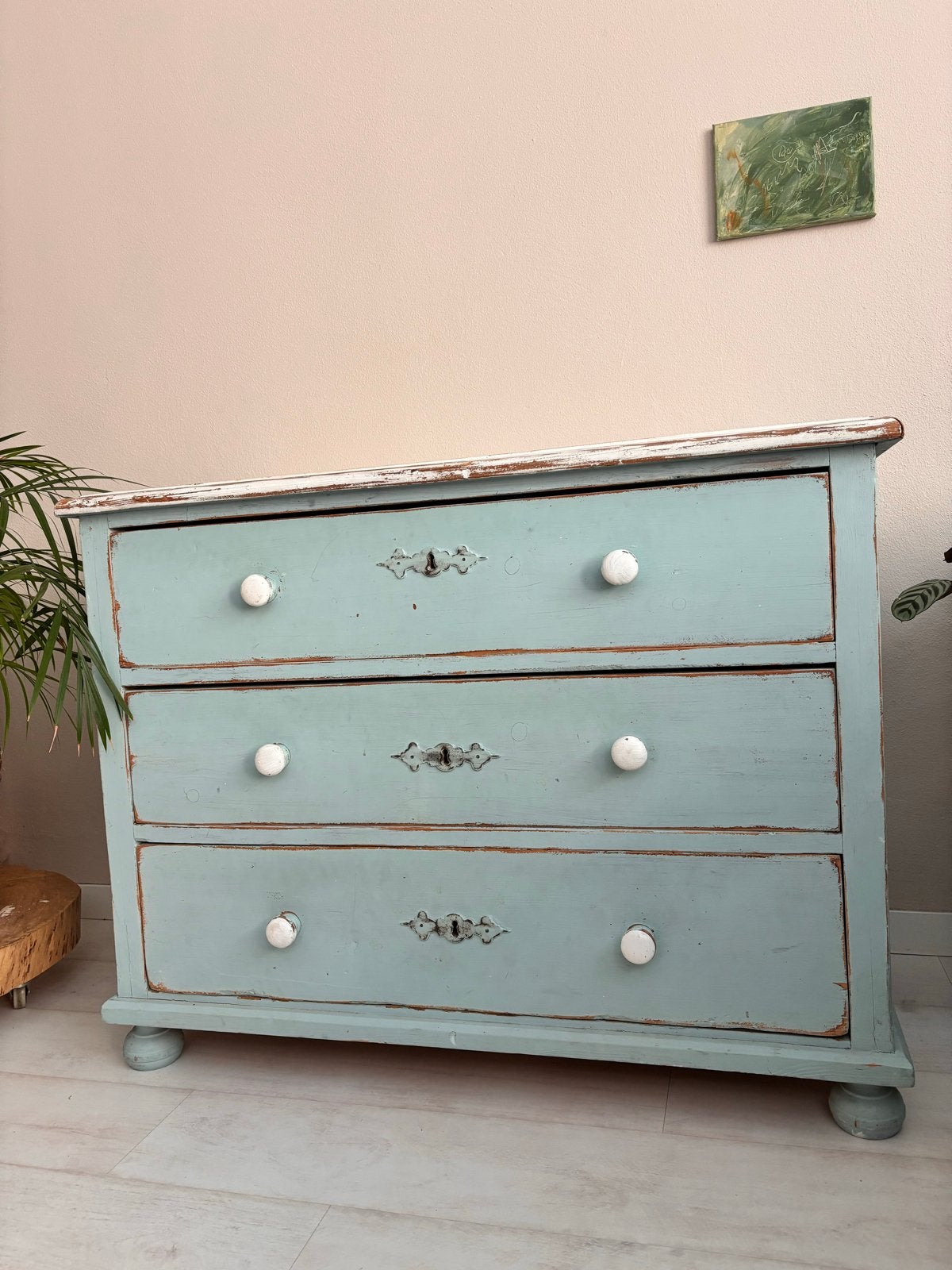 Brocante ladekast in lichtblauw met 3 lades, Ophalen