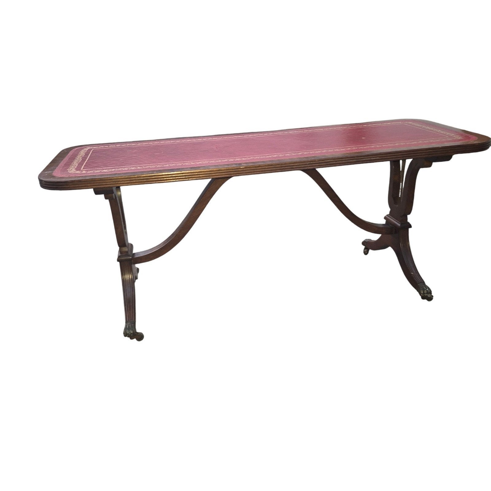 Salon tafel Engels antiek met rood leder ingelegd, Huis en Inrichting, Tafels | Salontafels, Ophalen, Rechthoekig, 100 tot 150 cm