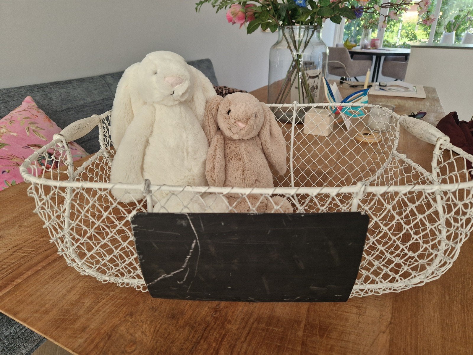 Grote witte draadmand met houten handvatten, Wit, Ophalen, Zo goed als nieuw, Opbergmeubel