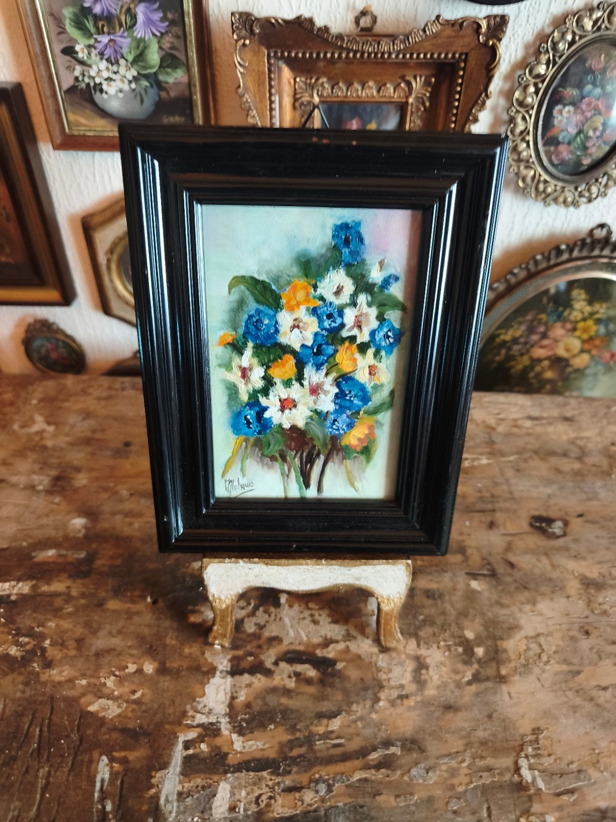 oud schilderijtje schilderij lijst stilleven bloemen M83, Antiek en Kunst, Ophalen of Verzenden