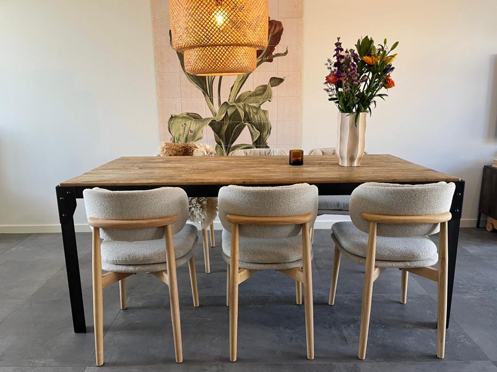 Industriële eettafel met uniek blad, Ophalen, 200 cm of meer, 50 tot 100 cm, Zo goed als nieuw