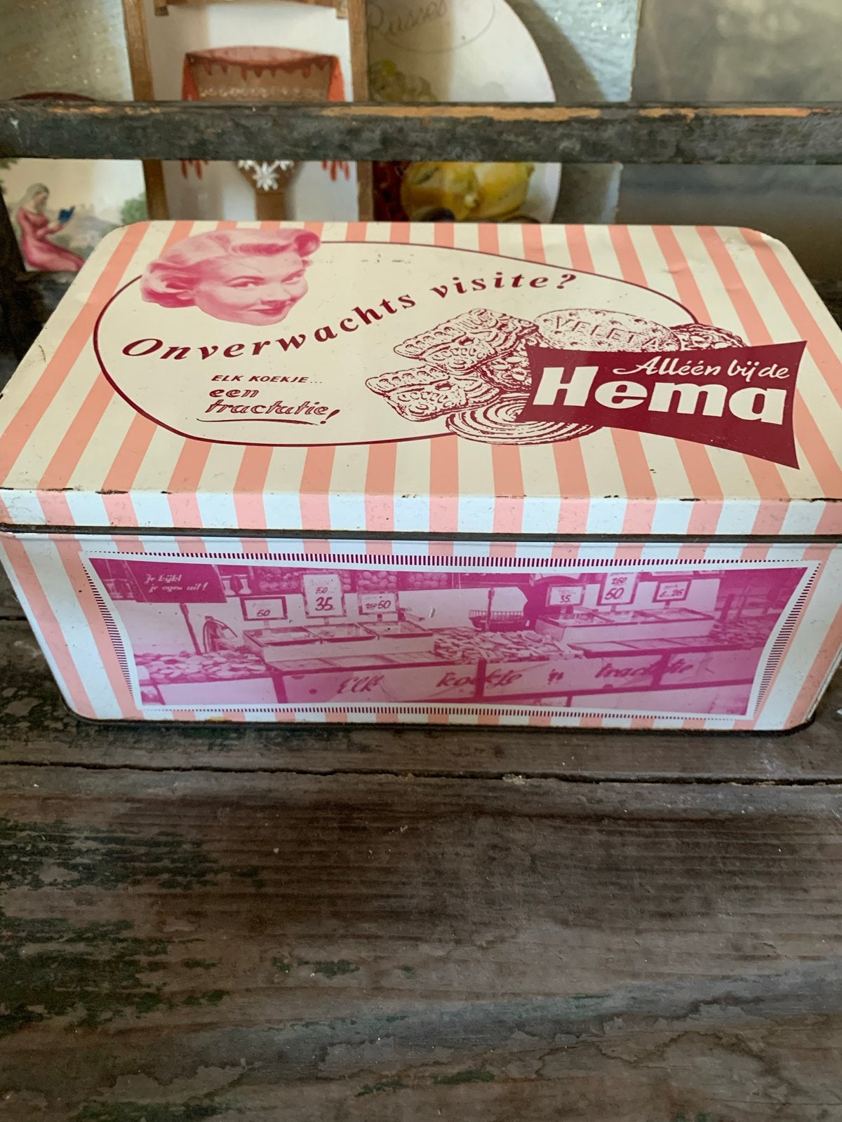 Vintage Hema blik 'Onverwachts visite?' - Koekblik, Ophalen of Verzenden, Gebruikt, Koek(jes), Overige merken