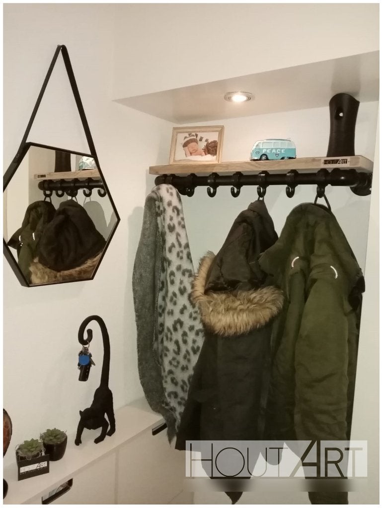 Kapstok ZWARTE steigerbuis GEBRUIKT steigerhout, Huis en Inrichting, Wandkapstok, Info@hout-art.nl, Nieuw, Ophalen of Verzenden