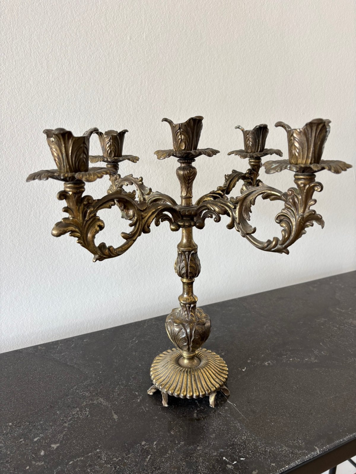 Vintage 5-armige messing kandelaar barok- rococo stijl, Ophalen, Koper of Brons