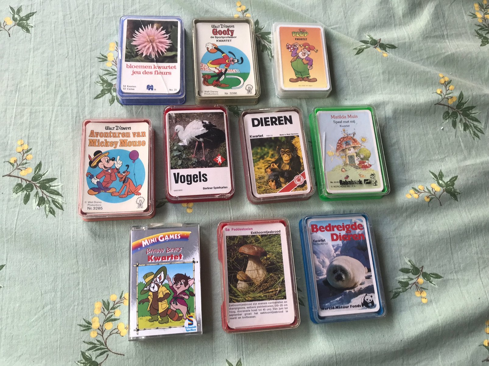 10 kwartet spelen,paddestoelen,kabouters,apen,bloemen, Ophalen of Verzenden, Gebruikt, Kwartet(ten)