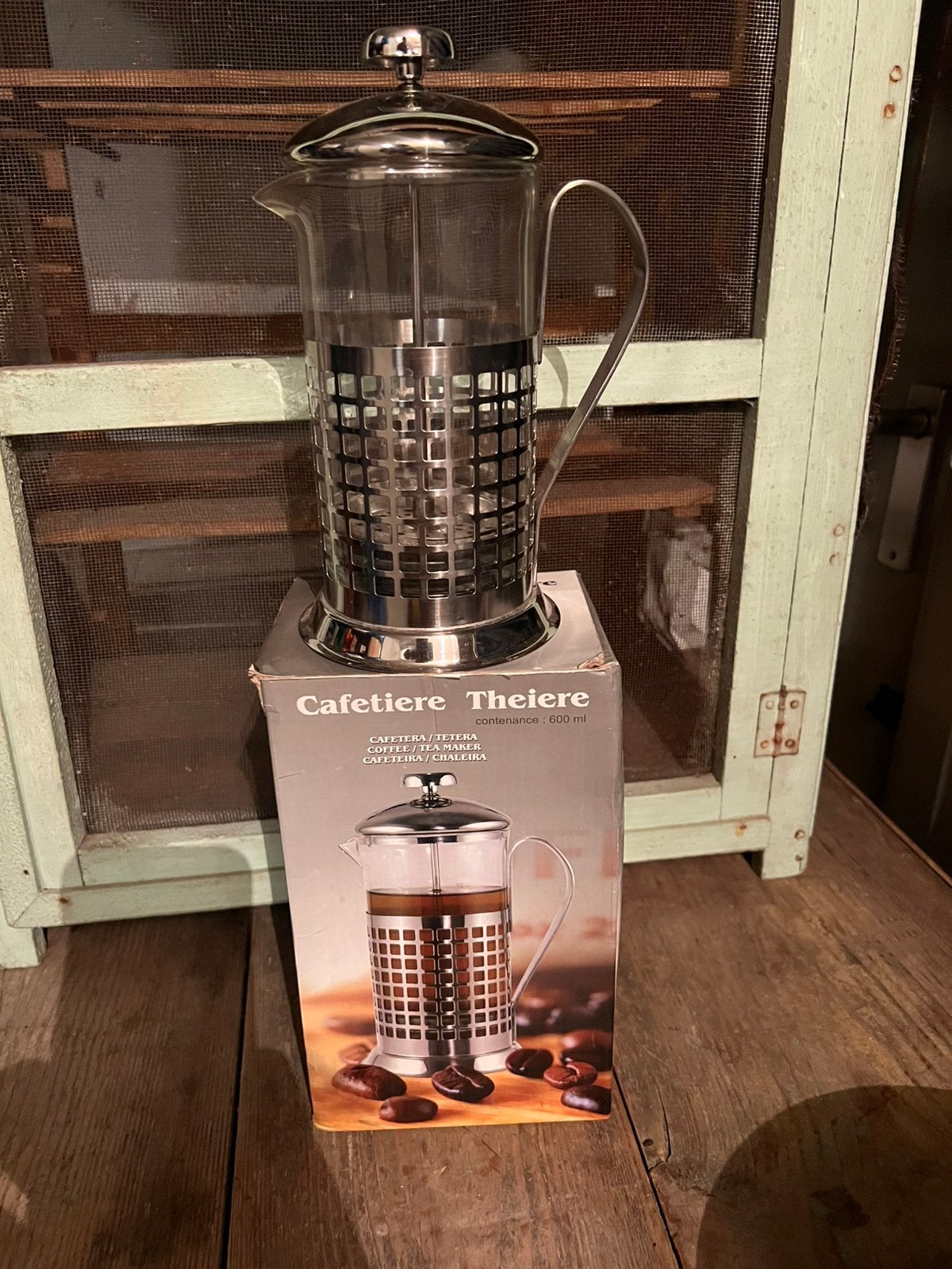 Roestvrijstalen cafetière / theepot met een glazen binnenkan, Ophalen of Verzenden, Zo goed als nieuw
