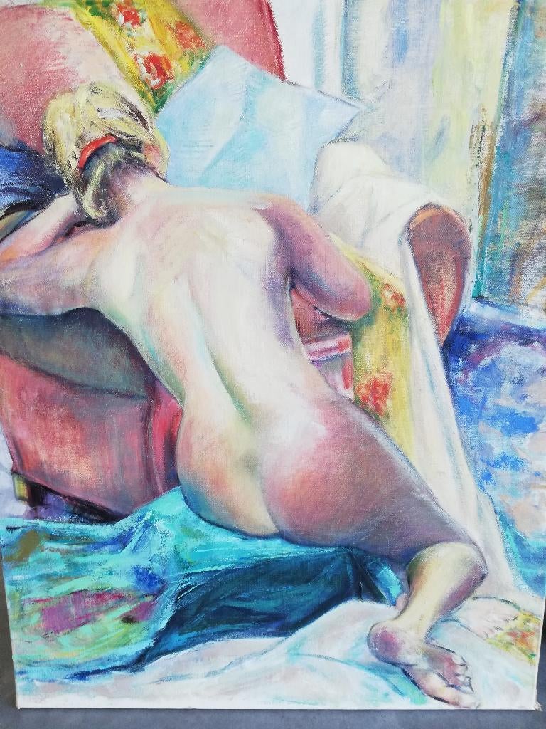Wat een kleurenpracht, dame op doek geschilderd 100x80cm, Ophalen, Oorspronkelijke maker, Zo goed als nieuw, Schilderij